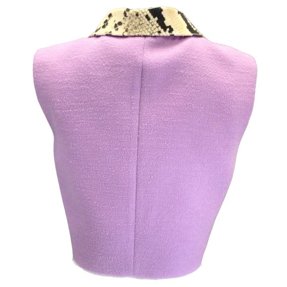 ALESSANDRA RICH LILAC PYTHON PRINT LEATHER COLLAR TWEED BOUCLE KNIT GILET VEST - Picture 3 of 5